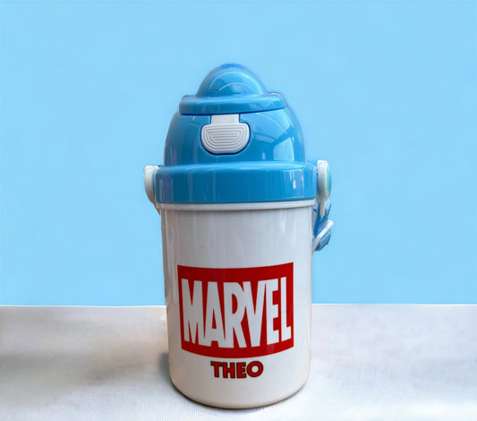 Personalised Children’s Marvel Logo with Characters Drinks Bottle Blue or Pink Lid