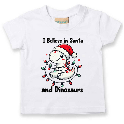 I believe in Santa and Dinosaurs. Christmas Kids Tshirt.