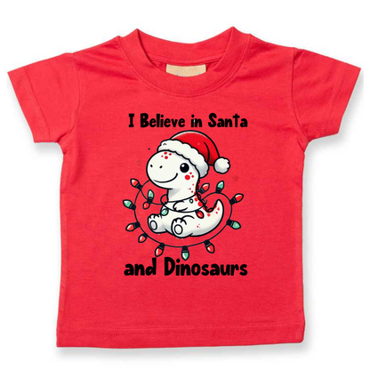 I believe in Santa and Dinosaurs. Christmas Kids Tshirt.