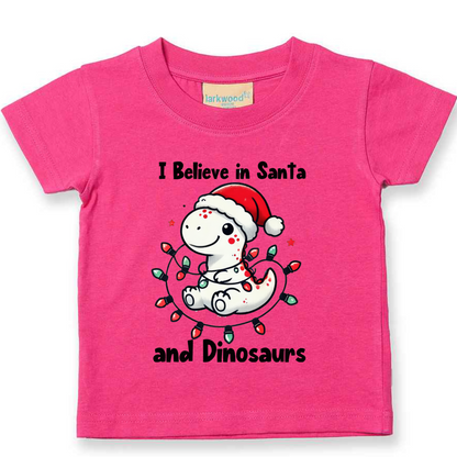 I believe in Santa and Dinosaurs. Christmas Kids Tshirt.