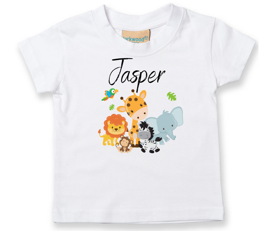 Kids Personalised Safari Animal White Tshirt. Boy. Girl Birthday. Baby & Toddler Tee.