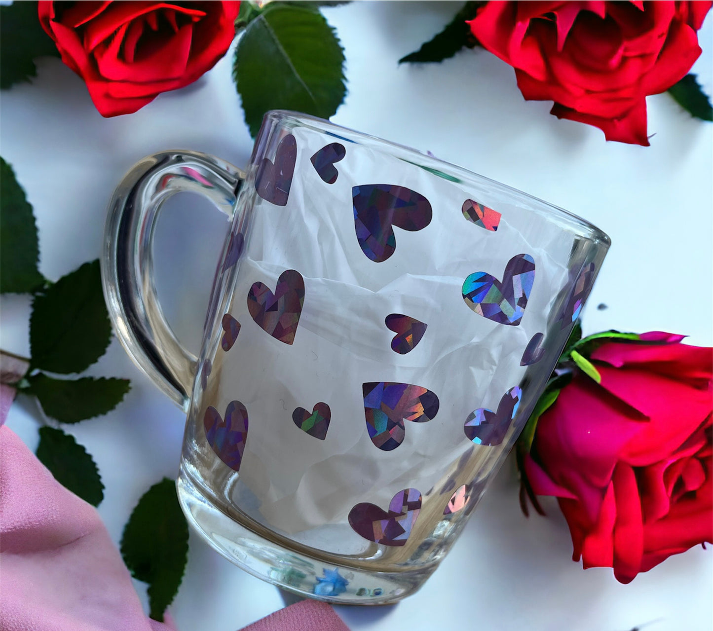 Personalised Love Heart Glass Mug Valentines Gift, Tea Coffee Hot Drink Lover. Gift for her. Gift for him. Tea Cup. Coffee Cup.