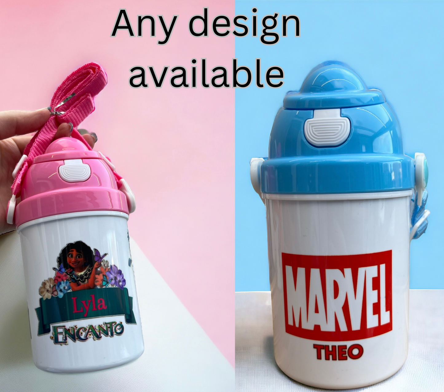 Design your own Personalised Children’s Character Drinks Bottle Pink or Blue Lid