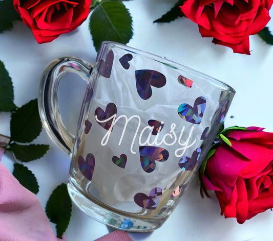 Personalised Love Heart Glass Mug Valentines Gift, Tea Coffee Hot Drink Lover. Gift for her. Gift for him. Tea Cup. Coffee Cup.