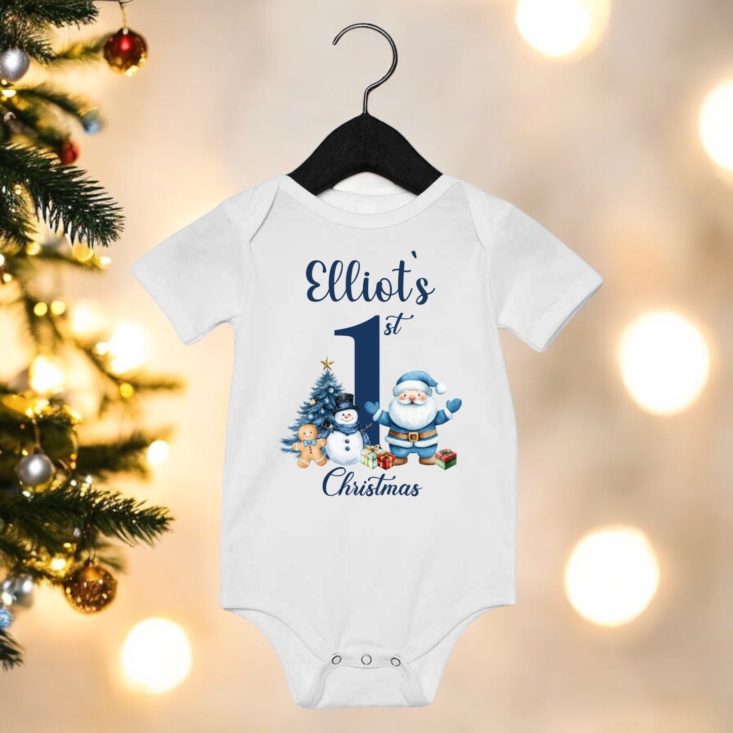 Babies 1st Christmas Vest. Blue Santa.