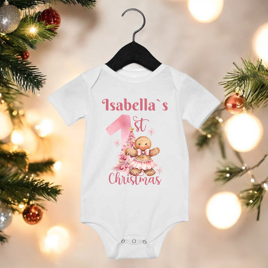 Babies 1st Christmas Vest. Pink Gingerbread