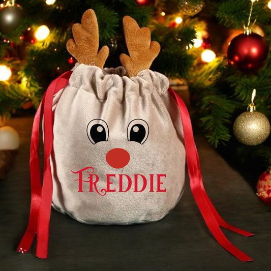 Personalised Christmas Reindeer Small Velvet Bag